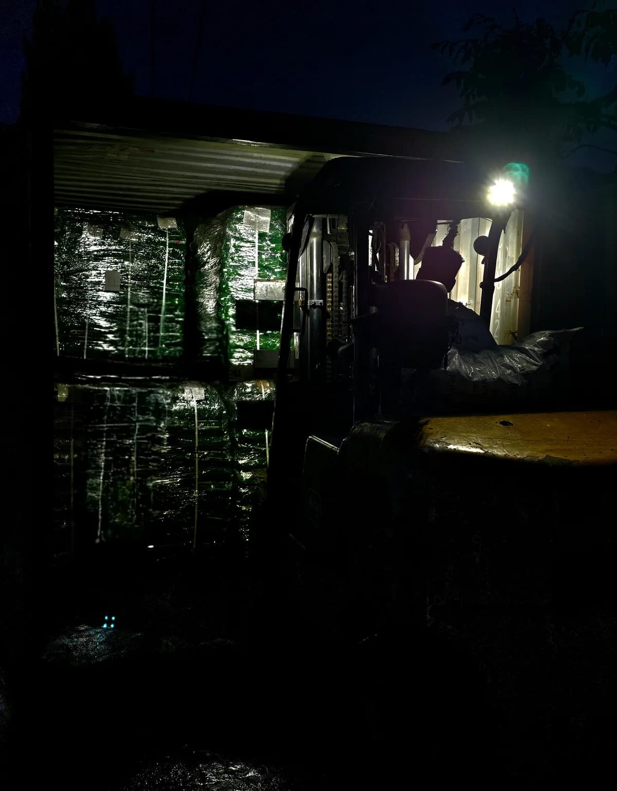 A container being loaded with wrapped export cargo at night